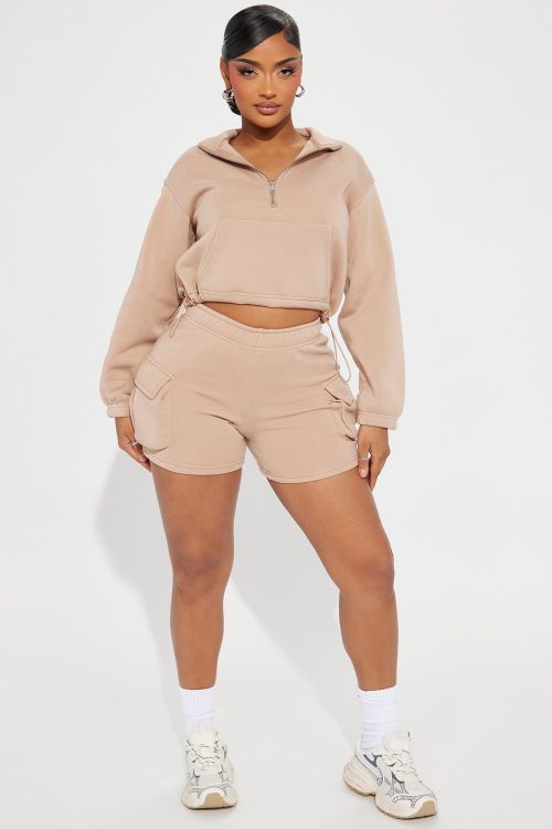 Carrie Fleece Cargo Short Set – Taupe