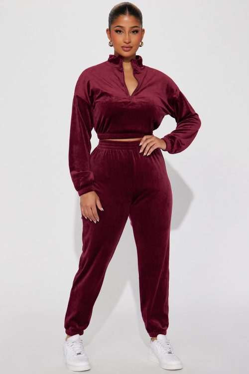 Soft Side Velour Jogger Set – Burgundy