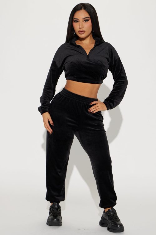 Soft Side Velour Jogger Set – Black