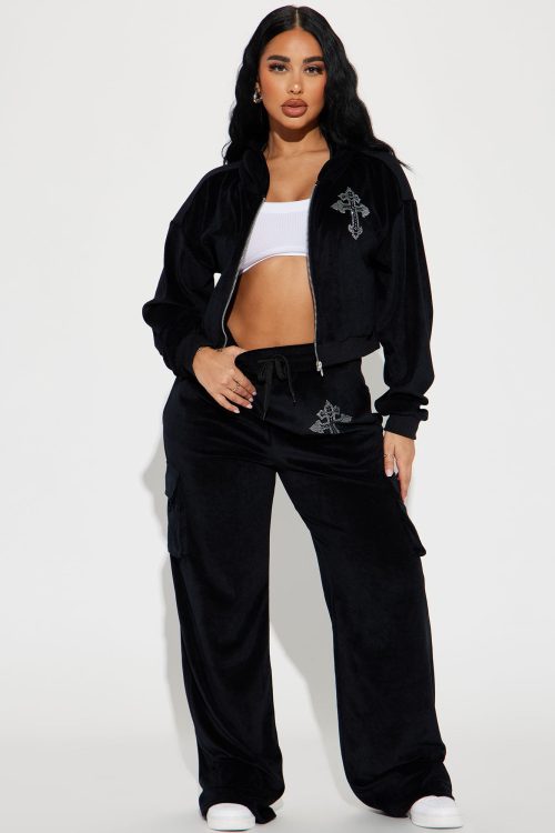 Saint Rhinestone Velour Pant Set – Black